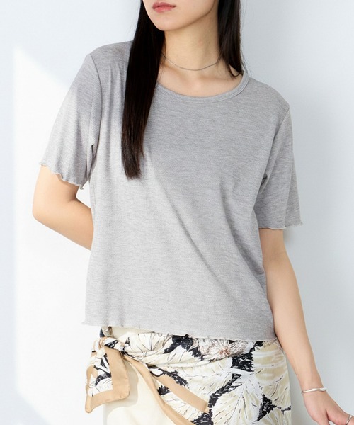 forksy.(フォルクシー)の「【forksy.】ラメリブ Uネック 半袖 メローTシャツ(Tシャツ/カットソー・レディース・レッド/ブラウン/杢グレー/ブルー/オフホワイト/ブラック・FREE)」の3枚目の写真