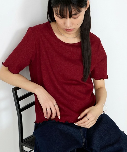 forksy.(フォルクシー)の「【forksy.】ラメリブ Uネック 半袖 メローTシャツ(Tシャツ/カットソー・レディース・レッド/ブラウン/杢グレー/ブルー/オフホワイト/ブラック・FREE)」の6枚目の写真