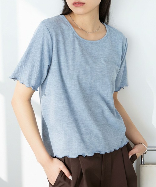 forksy.(フォルクシー)の「【forksy.】ラメリブ Uネック 半袖 メローTシャツ(Tシャツ/カットソー・レディース・レッド/ブラウン/杢グレー/ブルー/オフホワイト/ブラック・FREE)」の5枚目の写真