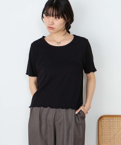 forksy.(フォルクシー)の「【forksy.】ラメリブ Uネック 半袖 メローTシャツ(Tシャツ/カットソー・レディース・レッド/ブラウン/杢グレー/ブルー/オフホワイト/ブラック・FREE)」の2枚目の写真