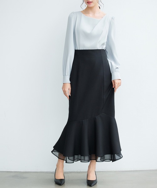 SAISON DE PAPILLON（セゾンドパピヨン）の「【2026SS新作】レーディス 裾フリル アシンメトリー 二段フリル スカート ハイウエスト スタイルアップ（スカート・レディース・ブラック/ベージュ・L/M/S）」の7枚目の写真