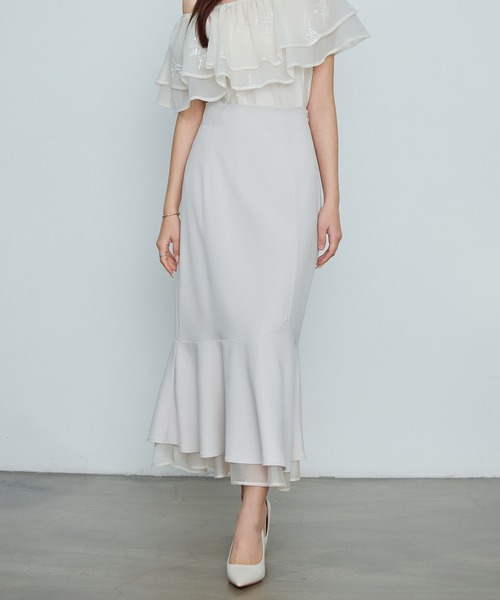 SAISON DE PAPILLON（セゾンドパピヨン）の「【2026SS新作】レーディス 裾フリル アシンメトリー 二段フリル スカート ハイウエスト スタイルアップ（スカート・レディース・ブラック/ベージュ・L/M/S）」の15枚目の写真