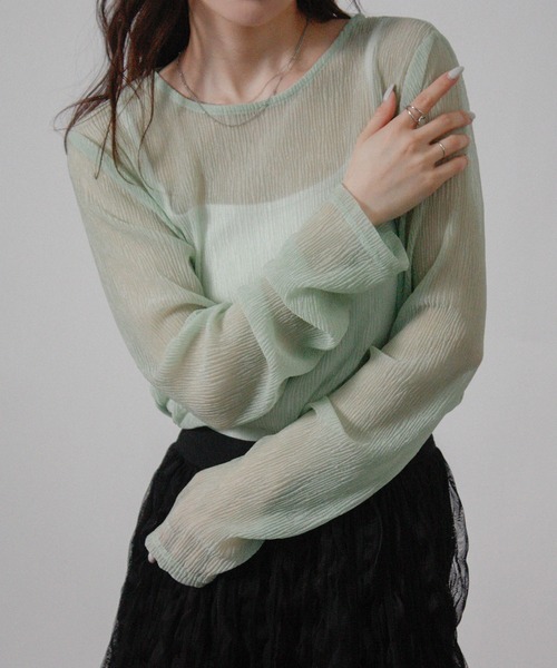 Social GIRL(ソーシャルガール)の「プリーツ ラメ 袖ギャザートップス 長袖トップス(Tシャツ/カットソー・レディース・チャコール/オフホワイト/ミント・M)」の1枚目の写真