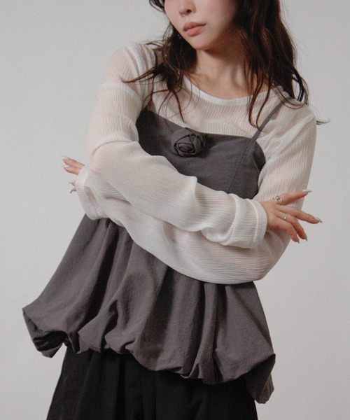 Social GIRL(ソーシャルガール)の「プリーツ ラメ 袖ギャザートップス 長袖トップス(Tシャツ/カットソー・レディース・チャコール/オフホワイト/ミント・M)」の4枚目の写真