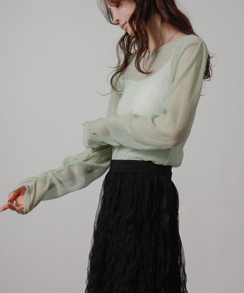 Social GIRL(ソーシャルガール)の「プリーツ ラメ 袖ギャザートップス 長袖トップス(Tシャツ/カットソー・レディース・チャコール/オフホワイト/ミント・M)」の12枚目の写真