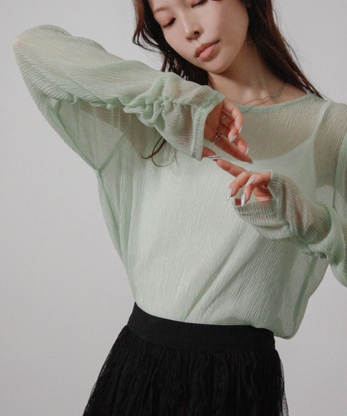Social GIRL(ソーシャルガール)の「プリーツ ラメ 袖ギャザートップス 長袖トップス(Tシャツ/カットソー・レディース・チャコール/オフホワイト/ミント・M)」の14枚目の写真