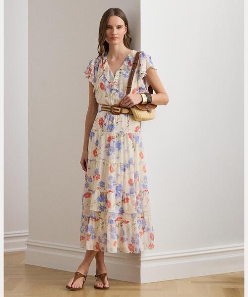 LAUREN RALPH LAUREN(ローレン ラルフ ローレン)の「フローラル ベルテッド ジョーゼット ティアード ドレス(ワンピース・レディース・ホワイト・4/6/8/10/00/2/0)」の1枚目の写真