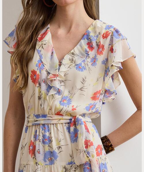LAUREN RALPH LAUREN(ローレン ラルフ ローレン)の「フローラル ベルテッド ジョーゼット ティアード ドレス(ワンピース・レディース・ホワイト・4/6/8/10/00/2/0)」の4枚目の写真
