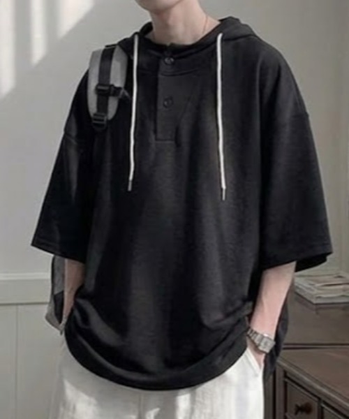 link lot(リンクロット)の「ルーズシルエット ヘンリーネック半袖プルオーバーパーカー(Tシャツ/カットソー・メンズ・ホワイト/ブラック・L/M)」の14枚目の写真