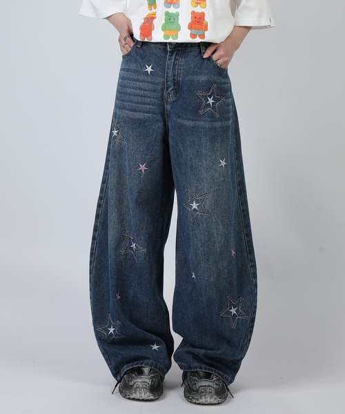 HOOK（フック）の「HOOK -select- 　スター刺繍デザイン ワイドデニムパンツ（デニムパンツ・メンズ・ブラック/ブルー・L/XL/M）」の2枚目の写真