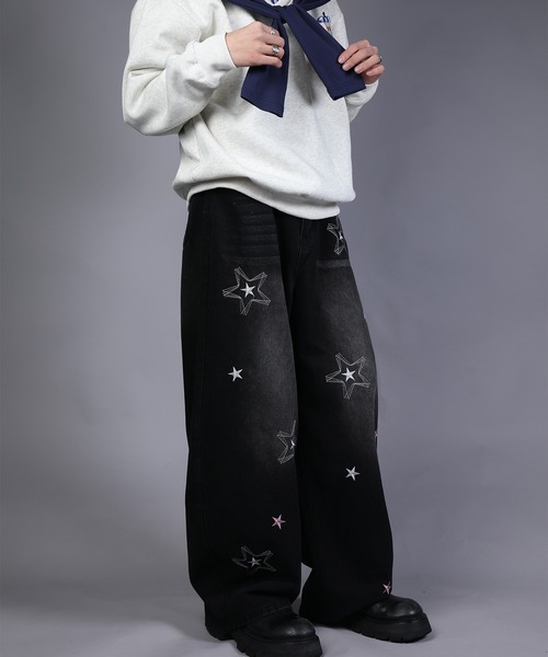HOOK（フック）の「HOOK -select- 　スター刺繍デザイン ワイドデニムパンツ（デニムパンツ・メンズ・ブラック/ブルー・L/XL/M）」の15枚目の写真