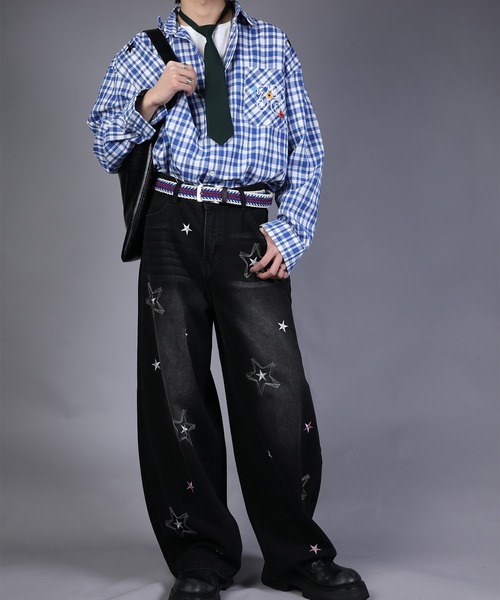 HOOK（フック）の「HOOK -select- 　スター刺繍デザイン ワイドデニムパンツ（デニムパンツ・メンズ・ブラック/ブルー・L/XL/M）」の19枚目の写真