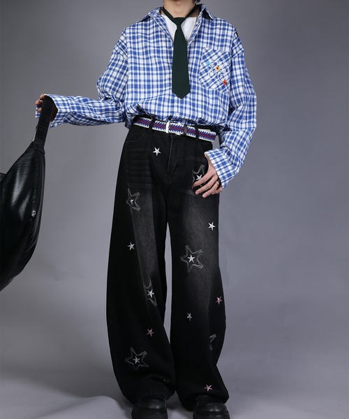 HOOK（フック）の「HOOK -select- 　スター刺繍デザイン ワイドデニムパンツ（デニムパンツ・メンズ・ブラック/ブルー・L/XL/M）」の20枚目の写真