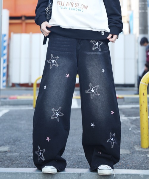 HOOK（フック）の「HOOK -select- 　スター刺繍デザイン ワイドデニムパンツ（デニムパンツ・メンズ・ブラック/ブルー・L/XL/M）」の9枚目の写真