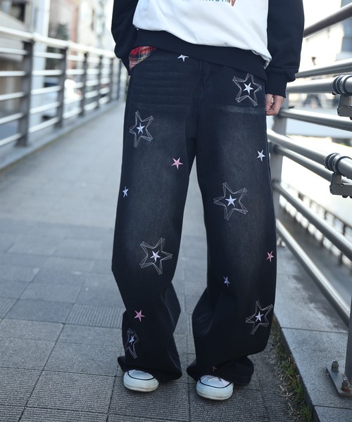 HOOK（フック）の「HOOK -select- 　スター刺繍デザイン ワイドデニムパンツ（デニムパンツ・メンズ・ブラック/ブルー・L/XL/M）」の8枚目の写真