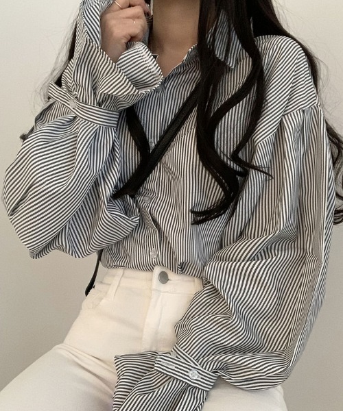 mielu(ミエル)の「ボリュームスリーブストライプシャツ(シャツ/ブラウス・レディース・ブラック/ブルー・LARGE)」の7枚目の写真