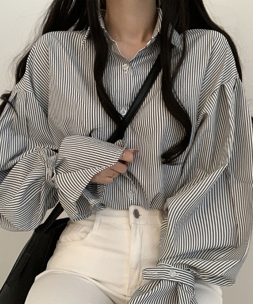 mielu(ミエル)の「ボリュームスリーブストライプシャツ(シャツ/ブラウス・レディース・ブラック/ブルー・LARGE)」の8枚目の写真