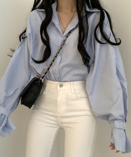 mielu(ミエル)の「ボリュームスリーブストライプシャツ(シャツ/ブラウス・レディース・ブラック/ブルー・LARGE)」の10枚目の写真