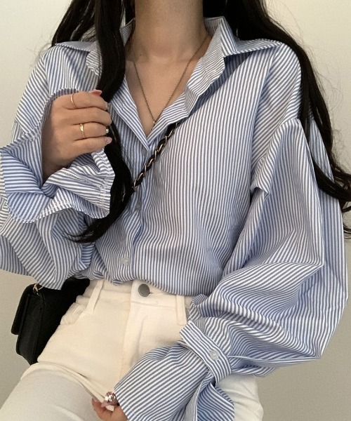 mielu(ミエル)の「ボリュームスリーブストライプシャツ(シャツ/ブラウス・レディース・ブラック/ブルー・LARGE)」の13枚目の写真