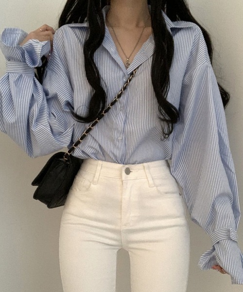 mielu(ミエル)の「ボリュームスリーブストライプシャツ(シャツ/ブラウス・レディース・ブラック/ブルー・LARGE)」の14枚目の写真