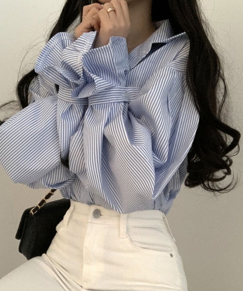 mielu(ミエル)の「ボリュームスリーブストライプシャツ(シャツ/ブラウス・レディース・ブラック/ブルー・LARGE)」の16枚目の写真