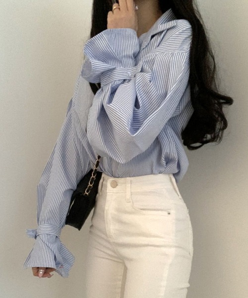 mielu(ミエル)の「ボリュームスリーブストライプシャツ(シャツ/ブラウス・レディース・ブラック/ブルー・LARGE)」の17枚目の写真