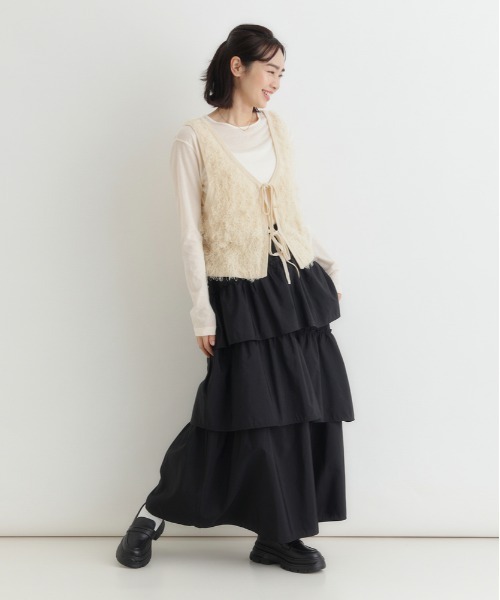 Right-on（ライトオン）の「HONEYSUCKLE ROSE(ハニーサックルローズ)ティアードフリルスカート（スカート・レディース・ブラック/ブラウン・L/M）」の6枚目の写真