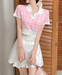 チェック柄スキッパー クロップドニット