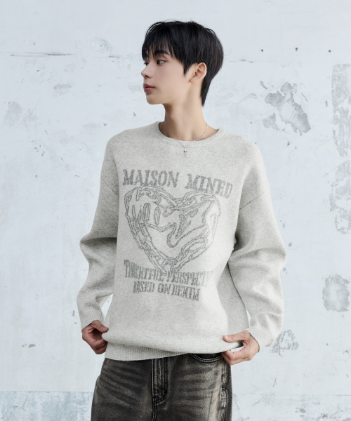 MAISON MINED（メゾンミネド）の「DOODLE HEART KNIT MELANGE GRAY（ニット/セーター・メンズ・その他・SMALL/MEDIUM/LARGE）」の2枚目の写真