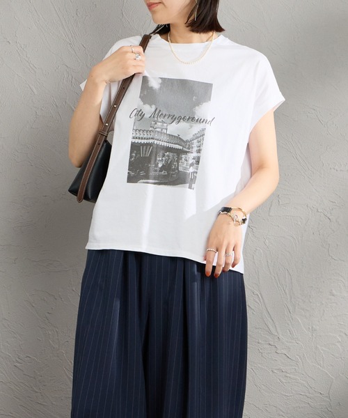 MICA&DEAL（マイカ＆ディール）の「[MICA&DEAL/マイカアンドディール] フレンチスリーブ フォトプリントTシャツ（Tシャツ/カットソー・レディース・ベージュ/ホワイト・F）」の10枚目の写真