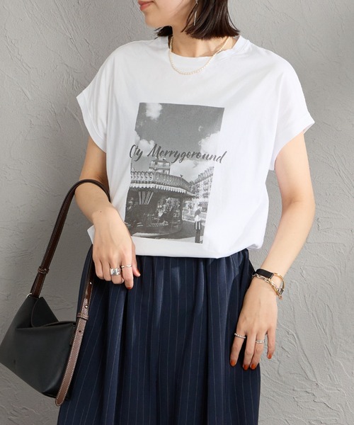 MICA&DEAL（マイカ＆ディール）の「[MICA&DEAL/マイカアンドディール] フレンチスリーブ フォトプリントTシャツ（Tシャツ/カットソー・レディース・ベージュ/ホワイト・F）」の5枚目の写真