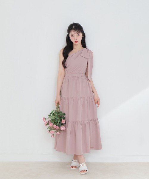 セール】One shoulder ribbon flare onepiece（ワンピース）｜M me eme