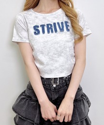 ムラ染めデニムロゴサイドギャザーTシャツ