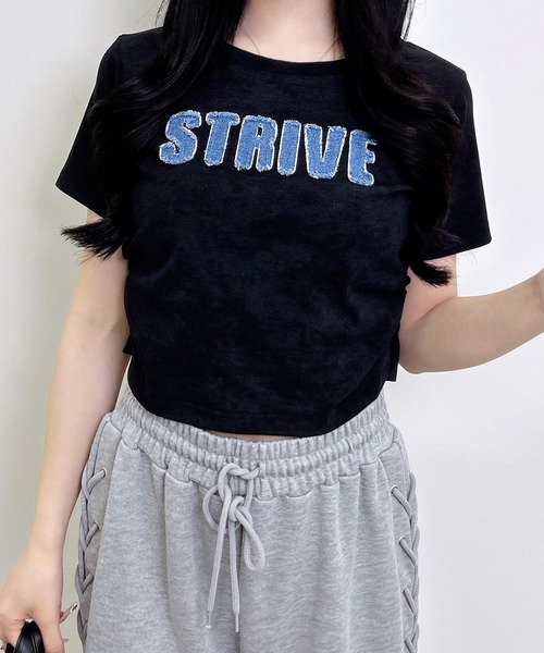 INGNI（イング）の「ムラ染めデニムロゴサイドギャザーTシャツ（Tシャツ/カットソー・レディース・オフホワイト/ブラック/カーキ・M）」の2枚目の写真