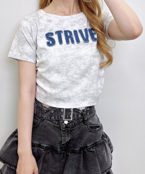 INGNI（イング）の「ムラ染めデニムロゴサイドギャザーTシャツ（Tシャツ/カットソー・レディース・オフホワイト/ブラック/カーキ・M）」の6枚目の写真