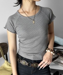 【着回し抜群!】タイニードットリブストレッチTシャツ/ 2026夏新作 トップス 半袖 ドット柄 水玉 リブ素材 伸縮性 ラウンドネック ミドル丈 メロウ デイリーユース カジュアル プチプラ 海外ガール 3カラー ホワイト ブラック グレー