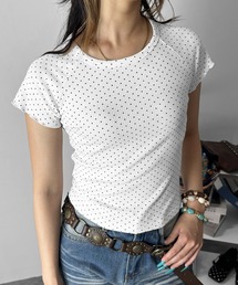 【着回し抜群!】タイニードットリブストレッチTシャツ / トップス 半袖 ドット柄 水玉 リブ素材 伸縮性 ラウンドネック ミドル丈 メロウ デイリーユース カジュアル プチプラ 海外ガール 3カラー ホワイト ブラック グレー
