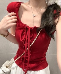 スクエアネック リボン付き 半袖Tシャツ