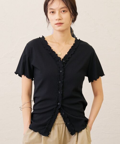 Omekashi(オメカシ)の「半袖フリルカーディガン(Tシャツ/カットソー・レディース・ブラック/オフホワイト/チャコールグレー・FREE)」の3枚目の写真