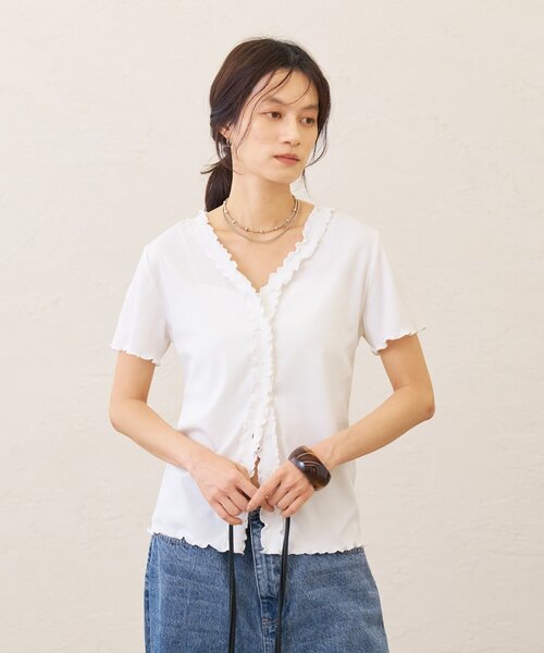 Omekashi(オメカシ)の「半袖フリルカーディガン(Tシャツ/カットソー・レディース・ブラック/オフホワイト/チャコールグレー・FREE)」の4枚目の写真