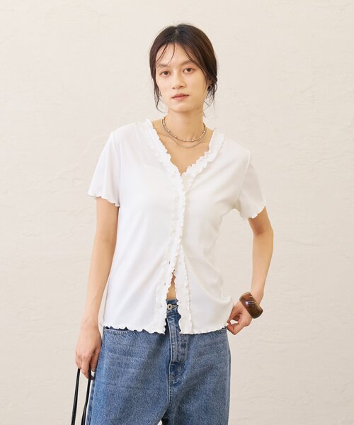 Omekashi(オメカシ)の「半袖フリルカーディガン(Tシャツ/カットソー・レディース・ブラック/オフホワイト/チャコールグレー・FREE)」の5枚目の写真