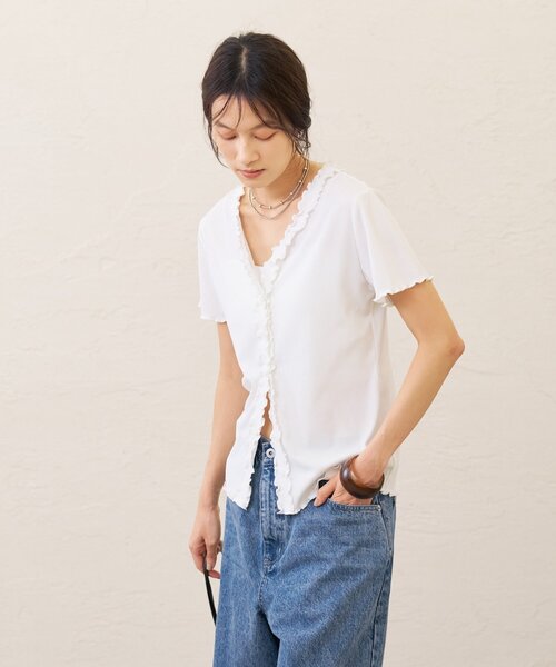 Omekashi(オメカシ)の「半袖フリルカーディガン(Tシャツ/カットソー・レディース・ブラック/オフホワイト/チャコールグレー・FREE)」の6枚目の写真