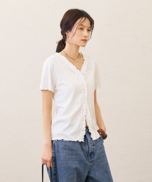 Omekashi(オメカシ)の「半袖フリルカーディガン(Tシャツ/カットソー・レディース・ブラック/オフホワイト/チャコールグレー・FREE)」の9枚目の写真