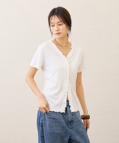 Omekashi(オメカシ)の「半袖フリルカーディガン(Tシャツ/カットソー・レディース・ブラック/オフホワイト/チャコールグレー・FREE)」の10枚目の写真