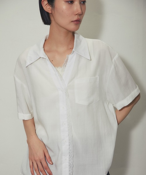 SMILE ORCHID（スマイルオーキッド）の「リネン混レースドッキングシャツ（シャツ/ブラウス・レディース・ネイビー/ホワイト・M）」の3枚目の写真