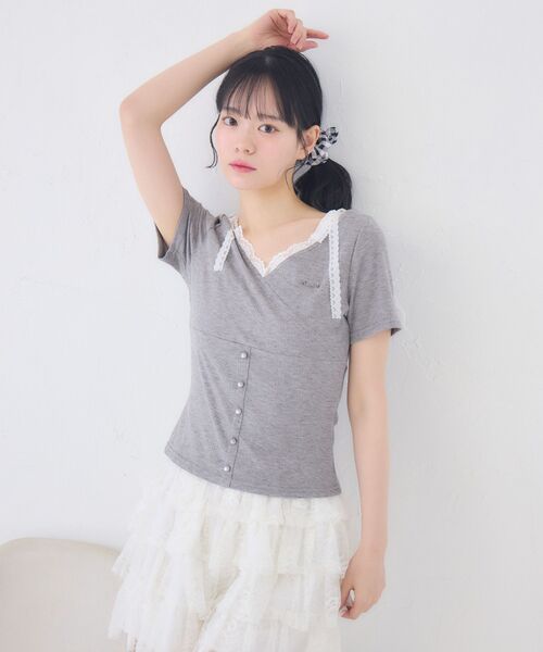 ems excite（エムズエキサイト）の「レースリボン切替CT（Tシャツ/カットソー・レディース・ダークグレー/ブルー/ピンク・FREE）」の10枚目の写真