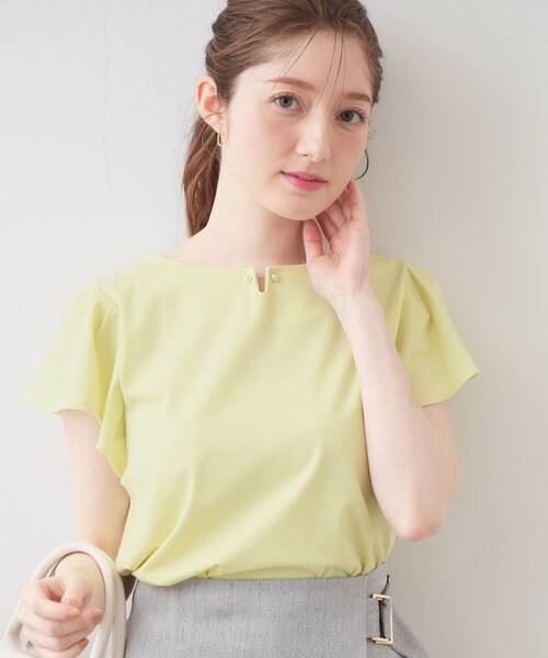 index（インデックス）の「【接触冷感】フリルフレンチスリーブトップス《UVケア／洗濯機OK》（Tシャツ/カットソー・レディース・ナチュラル/ライトグリーン/ネイビー/ボルドー/サックスブルー・36/40/38/42）」の3枚目の写真