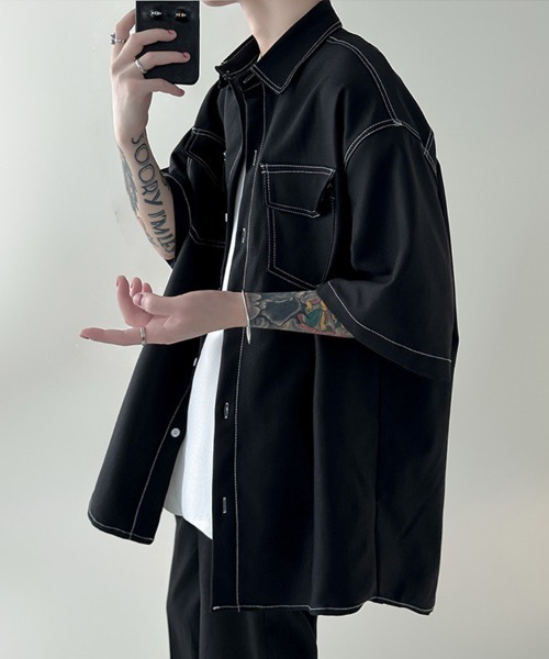 KELVIN(ケルヴァン)の「Contrast Stitch Half Sleeve Shirt コントラストステッチハーフスリーブシャツ(シャツ/ブラウス・メンズ・ホワイト/ブラック・MEDIUM/LARGE)」の1枚目の写真