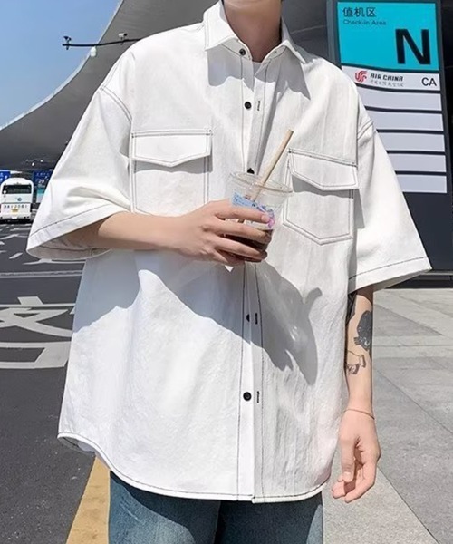 KELVIN(ケルヴァン)の「Contrast Stitch Half Sleeve Shirt コントラストステッチハーフスリーブシャツ(シャツ/ブラウス・メンズ・ホワイト/ブラック・MEDIUM/LARGE)」の3枚目の写真