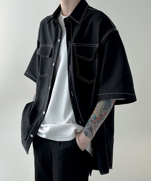 KELVIN(ケルヴァン)の「Contrast Stitch Half Sleeve Shirt コントラストステッチハーフスリーブシャツ(シャツ/ブラウス・メンズ・ホワイト/ブラック・MEDIUM/LARGE)」の6枚目の写真